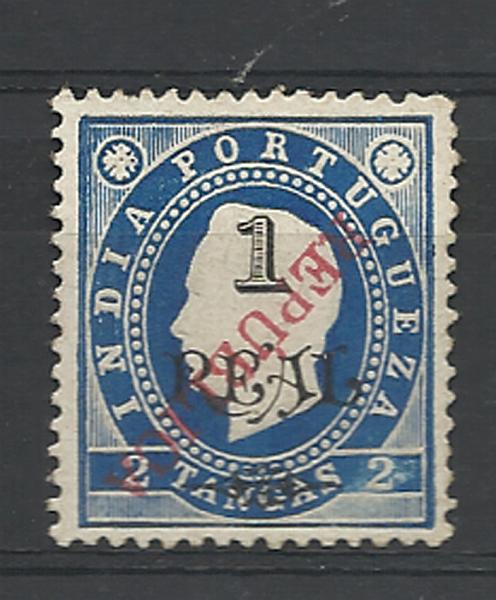 0966.jpg -     Lote:    966            Índia       Descrição:         1914 &mdash; D. Luís I, com sobrecarga REPUBLICA local, sobre selos de 1902. Não catalogado. 1 real s/ 2 Tangas azul. Selo com a sobrecarga invertida. MR.        *       Valor Base:     &euro; 15,00     Valor Venda:     &euro; 22,00     