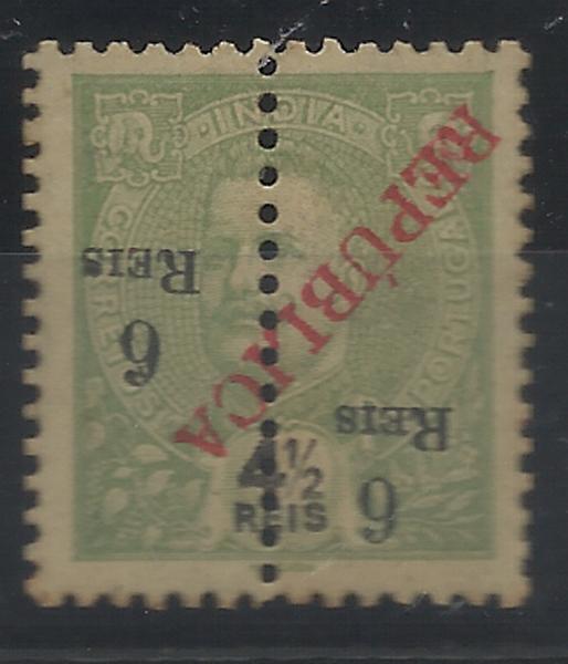 0969.jpg -     Lote:    969            Índia       Descrição:         1914 &mdash; D. Carlos I tipo Mouchon, com sobrecarga REPUBLICA local, sobre selos de 1911/13, perfurados a meio. CE292, 6 reis s/ 4 &frac12; reis verde amarelo, com a sobretaxa  e sobrecarga invertidas.         *       Valor Base:     &euro; 15,00     Valor Venda:     &euro; 16,00     