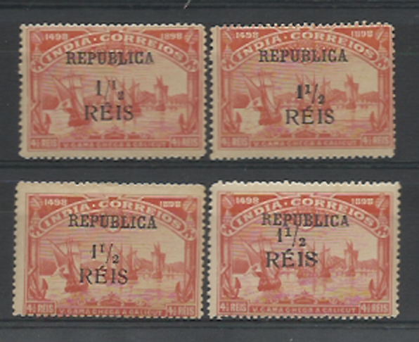 0976.jpg -     Lote:    976            Índia       Descrição:         1914 &mdash; 4.º Centenário do Descobrimento do Caminho Marítimo para a Índia, com sobrecarga REPUBLICA da Casa da Moeda e sobretaxa local. CE305, 1 &frac12; s/ 4 &frac12; reis vermelho. Lote de 4 selos: um normal, outro com a barra a seguir ao 1 em vez de 1 &frac12;; outro com "1" espesso; e outro com "1" de &frac12; invertido. Valor de catálogo &euro; 65,00.        **/*       Valor Base:     &euro; 15,00     Valor Venda:     &euro; 24,00     