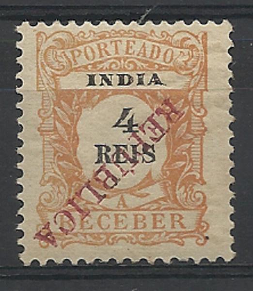 0980.jpg -     Lote:    980            Índia       Descrição:         1914 &mdash; Porteado. Emissão Regular com sobrecarga REPUBLICA local. CE POR25, 4 reis laranja com a sobrecarga invertida.        **       Valor Base:     &euro; 10,00     Valor Venda:     &euro; 10,00     