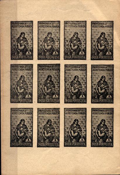 0981.jpg -     Lote:    981            Índia       Descrição:         1952 &mdash; Imposto Postal. Assistência Pública. CE IP10, 1 Tanga. Folha com 12 provas não denteadas a preto em papel liso amarelado.        PRV       Valor Base:     &euro; 30,00     Valor Venda:     Retirado     
