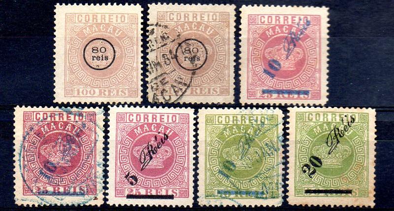 0983.jpg -     Lote:    983            Macau       Descrição:         1885/87 &mdash; Tipo Coroa, com sobretaxa. FALSOS FOURNIER. CE 10(2), CE 11, CE12(2), CE13/14. Lote de 7 selos falsos Fournier. Três selos obliterados com carimbo também falso.        */O       Valor Base:     &euro; 15,00     Valor Venda:     &euro; 15,00     
