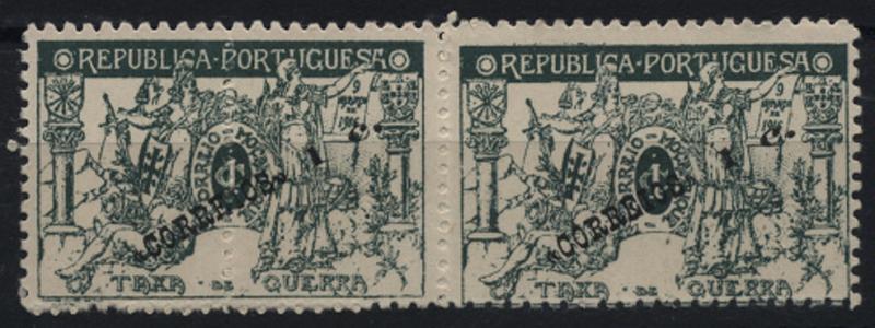 0988.jpg -     Lote:    988            Moçambique       Descrição:         1918/20 &mdash; Taxa de Guerra. Selos do Imposto Postal e Telegráfico, com sobrecarga. CE201, 1c s/ 1c verde. Par horizontal com sobrecarga de 27mm e com denteado deslocado ao meio do primeiro selo.         ***       Valor Base:     &euro; 10,00     Valor Venda:     &euro; 20,00     