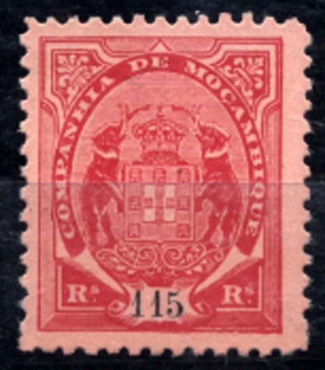 0996.jpg -     Lote:    996            Companhia de Moçambique       Descrição:         1904 &mdash; Tipo "Elefantes". Novos valores. CE45, 115 reis carmim s/ rosa. Selo falso.        *       Valor Base:     &euro; 6,00     Valor Venda:     &euro; 38,00     