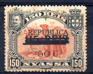 1002.jpg -     Lote:    1002            Companhia do Niassa       Descrição:         1918 &mdash; D. Carlos I, com sobretaxa e sobrecarga REPUBLICA, tipografada localmente. CE80, 50c s/ 115 s/ 150 reis. Selo com tripla impressão do traço. Algumas manchas. Lote a ver.        *       Valor Base:     &euro; 15,00     Valor Venda:     &euro; 46,00     