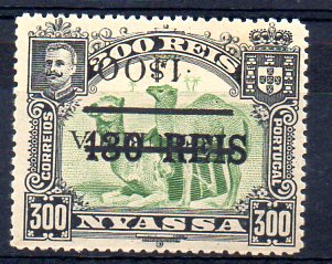 1005.jpg -     Lote:    1005            Companhia do Niassa       Descrição:         1918 &mdash; D. Carlos I, com sobretaxa e sobrecarga REPUBLICA, tipografada localmente. CE81, 1$00 s/ 130 s/ 300 reis. Selo com a sobretaxa e sobrecarga invertidas. Valor de catálogo &euro; 55,00.        **       Valor Base:     &euro; 20,00     Valor Venda:     &euro; 40,00     