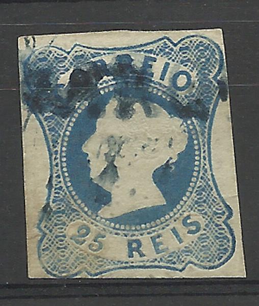 1035.jpg -     Lote:    1035            Portugal       Descrição:         1853 &mdash; D. Maria II. CE2, 25 reis azul. Selo obliterado com carimbo batido a azul "FRANQUEADA". Margens curtas.        O       Valor Base:     &euro; 30,00     Valor Venda:     &euro; 30,00     