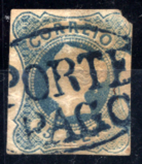 1037.jpg -     Lote:    1037            Portugal       Descrição:         1853 &mdash; D. Maria II. CE2, 25 reis azul. Selo com margens muito curtas. Obliterado com carimbo oval, batido a azul "PORTE PAGO". R.        O       Valor Base:     &euro; 30,00     Valor Venda:     Retirado     