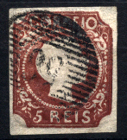 1039.jpg -     Lote:    1039            Portugal       Descrição:         1855/56 &mdash; D. Pedro V. Cabelos lisos. CE5, 5 reis castanho, com margens curtas. Valor de catálogo &euro; 1.610,00.        O       Valor Base:     &euro; 80,00     Valor Venda:     &euro; 180,00     