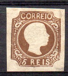 1041.jpg -     Lote:    1041            Portugal       Descrição:         1856/58 &mdash; D. Pedro V. Cabelos anelados. CE10, 5 reis castanho, cunho I. Margens normais. Valor de catálogo &euro; 848,00.        *       Valor Base:     &euro; 80,00     Valor Venda:     &euro; 170,00     