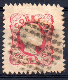 1043.jpg -     Lote:    1043            Portugal       Descrição:         1856/58 &mdash; D. Pedro V. Cabelos anelados. CE13, 25 reis carmim rosa, denteado em ziguezague por firma particular de Lisboa (Eisenach). Valor de catálogo &euro; 200,00.        O       Valor Base:     &euro; 40,00     Valor Venda:     &euro; 170,00     