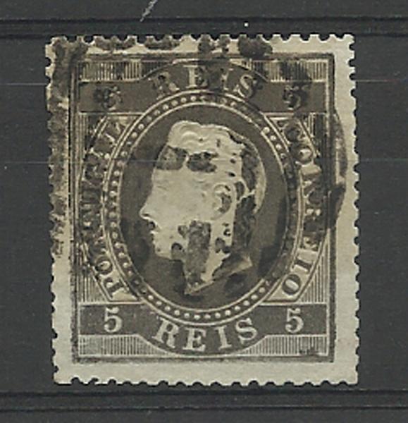 1049.jpg -     Lote:    1049            Portugal       Descrição:         1870/76 &mdash; D. Luís I, fita direita. CE36, 5 reis preto cinzento, papel liso, denteado 14. Valor de catálogo &euro; 253,00.        O       Valor Base:     &euro; 20,00     Valor Venda:     &euro; 90,00     