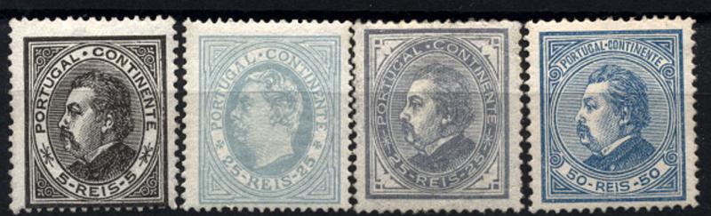 1062.jpg -     Lote:    1062            Portugal       Descrição:         1880/81 &mdash; D. Luís I. De perfil. CE52/55. Série completa em denteado 12 &frac12; com excepção CE53 em denteado 13 &frac12;. Valor de catálogo &euro; 1.177,00 (valor para série com charneira).        RG***       Valor Base:     &euro; 100,00     Valor Venda:     &euro; 200,00     