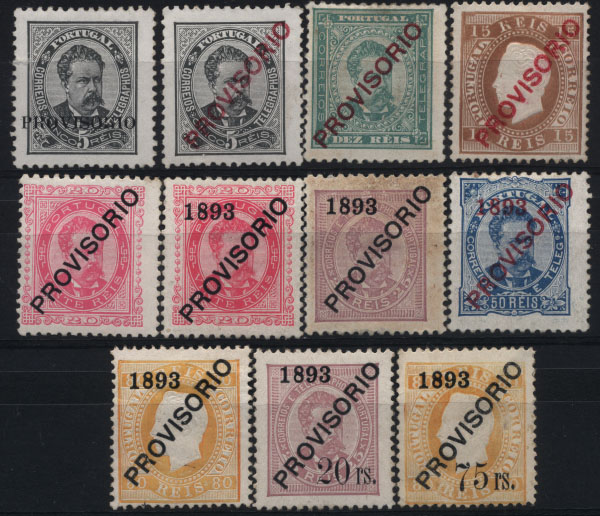 1067.jpg -     Lote:    1067            Portugal       Descrição:         1892/93 &mdash; D. Luís I. Sobrecargas "PROVISÓRIO". CE80, 82/85, 91/95 e 97. CE80 sem goma, restantes regomados. Valor de catálogo como usado &euro; 1.055,00.        RG***       Valor Base:     &euro; 75,00     Valor Venda:     &euro; 80,00     