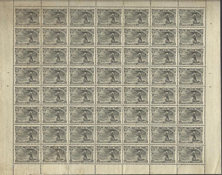 1073.jpg -     Lote:    1073            Portugal       Descrição:         1895 &mdash; 7.º Centenário do Nascimento de S. António. CE111, 2 &frac12; reis preto. Folha completa com 56 selos (7x8), com defeitos na goma e manchas no verso. Lote a ver. Valor de catálogo &euro; 403,20        ***       Valor Base:     &euro; 40,00     Valor Venda:     &euro; 40,00     