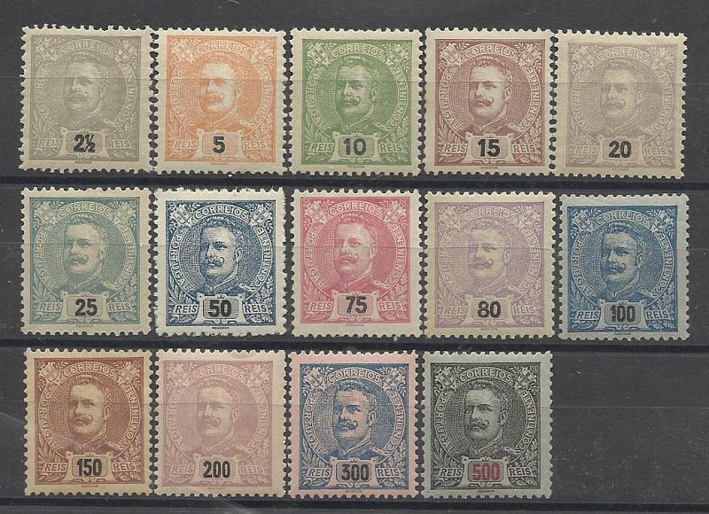 1075.jpg -     Lote:    1075            Portugal       Descrição:         1895/98 &mdash; D. Carlos I Mouchon. CE126/139. Série completa. 5 selos com ligeiros pontos de óxido. Lote a ver. Valor de catálogo &euro; 942,00.        ***/**       Valor Base:     &euro; 100,00     Valor Venda:     Retirado     