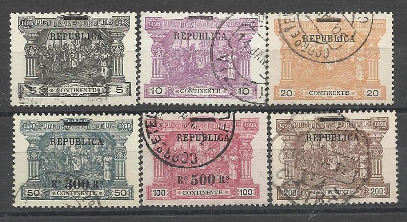1086.jpg -     Lote:    1086            Portugal       Descrição:         1911 &mdash; 4.º Centenário do Descobrimento do Caminho Marítimo para a Índia com sobrecarga REPUBLICA sobre selos do porteado do Continente. CE192/197. Série completa. Valor de catálogo &euro; 256,00.        O       Valor Base:     &euro; 45,00     Valor Venda:     Retirado     