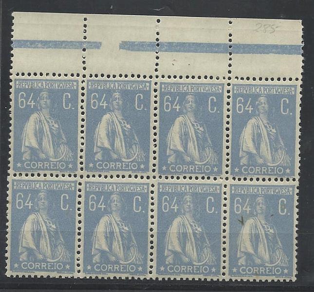 1095.jpg -     Lote:    1095            Portugal       Descrição:         1924/26 &mdash; Ceres. CE285, 64c azul ultramar. Bloco horizontal de 8 selos (2x4). Valor de catálogo &euro; 205,60.        ***       Valor Base:     &euro; 30,00     Valor Venda:     &euro; 38,00     