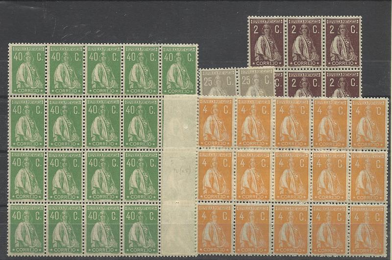 1103.jpg -     Lote:    1103            Portugal       Descrição:         1926 &mdash; Ceres. Novas cores. Lote composto por: bloco de 9 selos de 2c CE382, bloco de 15 selos de 4c CE383, quadra de 25c CE384 e  bloco de 20 selos de 40c CE385. Valor aproximado de catálogo &euro; 211,00.        ***       Valor Base:     &euro; 30,00     Valor Venda:     &euro; 95,00     