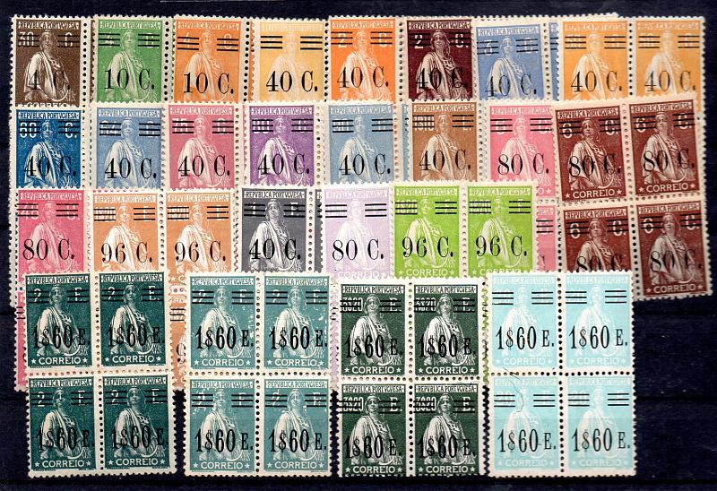 1107.jpg -     Lote:    1107            Portugal       Descrição:         1928/29 &mdash; Ceres, com sobretaxa. Lote composto por 25 quadras, todas diferentes. CE452, 456/457, 466/487. Valor de catálogo &euro; 1.526,40.        ***       Valor Base:     &euro; 175,00     Valor Venda:     Retirado     