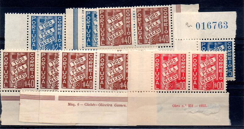 1114.jpg -     Lote:    1114            Portugal       Descrição:         1935/41 &mdash; Tudo pela Nação. Lote composto por selo isolado + par + tira de 3 selos de $25 CE570; dois pares + tira de 3 selos de $40 CE571 + par de 1$00 (um selo com defeito) CE572. Todos bordo ou cantos de folha com inscrições marginais.        ***       Valor Base:     &euro; 30,00     Valor Venda:     &euro; 32,00     