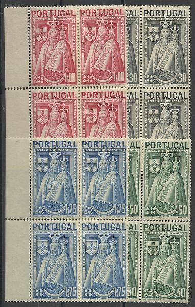 1130.jpg -     Lote:    1130            Portugal       Descrição:         1946 &mdash; 3.º Centenário da Proclamação da Padroeira de Portugal. CE673/676. Série completa em quadras. Valor de catálogo &euro; 37,40.        ***       Valor Base:     &euro; 8,00     Valor Venda:     &euro; 16,00     