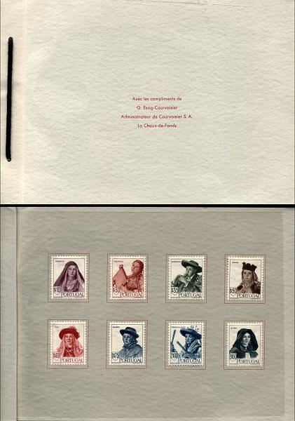 1132.jpg -     Lote:    1132            Portugal       Descrição:         1947 &mdash; Costumes Portugueses. CE677/684. Série completa em carteira-oferta emitida pela casa impressora dos selos, Courvoisier SA.        CRT       Valor Base:     &euro; 40,00     Valor Venda:     &euro; 40,00     