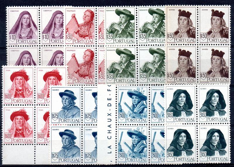 1134.jpg -     Lote:    1134            Portugal       Descrição:         1947 &mdash; Costumes Portugueses. CE677/684. Série completa em quadras. Muito ligeiros pontos de óxido num dos selos das quadras de 1$00 e 3$50. Valor de catálogo &euro; 1.184,00.        ***       Valor Base:     &euro; 125,00     Valor Venda:     &euro; 125,00     