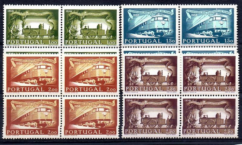 1159.jpg -     Lote:    1159            Portugal       Descrição:         1956 &mdash; 1.º Centenário dos Caminhos de Ferro de Portugal. CE821/824. Série completa em quadras. Valor de catálogo &euro; 672,00.        ***       Valor Base:     &euro; 75,00     Valor Venda:     &euro; 75,00     
