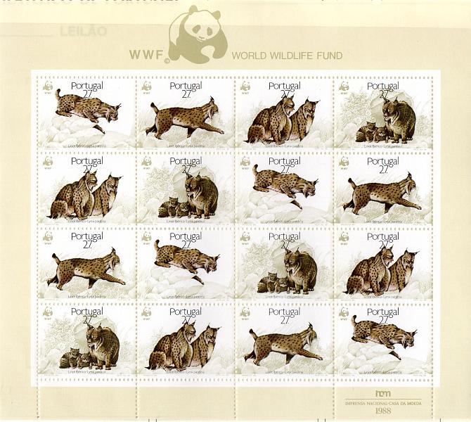 1170.jpg -     Lote:    1170            Portugal       Descrição:         1988 &mdash; Protecção da Natureza. Lince Ibérico. Mini folha n.º 7. CE1829/32. Folha com 16 selos. Valor de catálogo &euro; 38,00.        ***       Valor Base:     &euro; 25,00     Valor Venda:     Retirado     