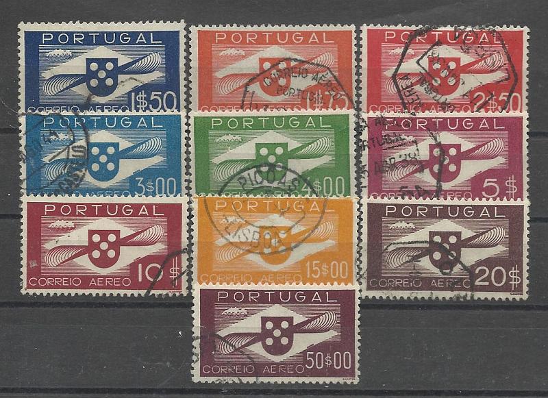 1214.jpg -     Lote:    1214            Portugal       Descrição:         1936/41 &mdash; Correio Aéreo. Tipo Hélice. CE CA1/10. Série completa. Valor de catálogo &euro; 215,00.        O       Valor Base:     &euro; 30,00     Valor Venda:     &euro; 42,00     