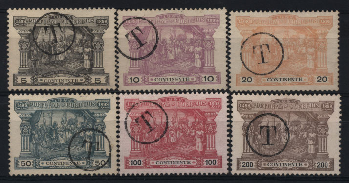 1215.jpg -     Lote:    1215            Portugal       Descrição:         1898 &mdash; Porteado. 4.º Centenário do Descobrimento do Caminho Marítimo para a Índia. CE POR 1/6. Série completa. Valor de catálogo &euro; 210,00.        O       Valor Base:     &euro; 25,00     Valor Venda:     &euro; 42,00     