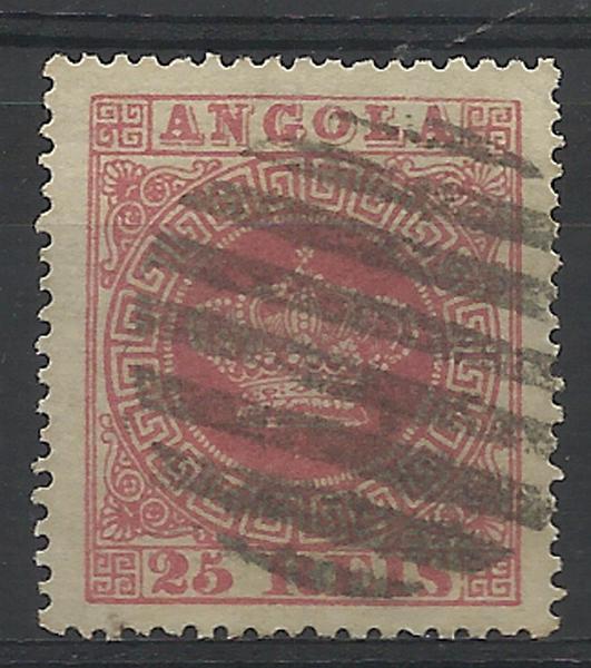 1239.jpg -     Lote:    1239            Angola       Descrição:         1870/77 &mdash; Tipo Coroa. CE4, 25 reis carmim, papel médio, denteado 14, obliterado com carimbo circular de 8 barras. Valor de catálogo &euro; 540,00. MB.        O       Valor Base:     &euro; 120,00     Valor Venda:     &euro; 150,00     