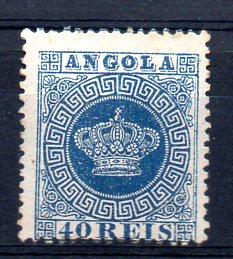 1241.jpg -     Lote:    1241            Angola       Descrição:         1870/77 &mdash; Tipo Coroa. CE5, 40 reis azul, papel fino, denteado 12 &frac12;, cunho I. Valor de catálogo &euro; 425,00.        **       Valor Base:     &euro; 80,00     Valor Venda:     &euro; 80,00     