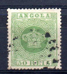 1244.jpg -     Lote:    1244            Angola       Descrição:         1870/77 &mdash; Tipo Coroa. CE6, 50 reis verde claro, papel fino, denteado 13 &frac12;. Valor de catálogo &euro; 925,00. MB.        O       Valor Base:     &euro; 75,00     Valor Venda:     Retirado     