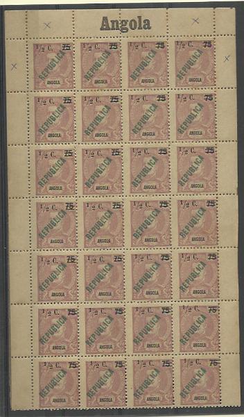 1251.jpg -     Lote:    1251            Angola       Descrição:         1919 &mdash; D. Carlos I, com sobretaxa e sobrecarga REPUBLICA local. CE192, &frac12; c s/ 75 reis, castanho violeta. Folha completa de 28 selos, com as variedades "2" mais fino e traço da fracção mais curto. Valor de catálogo &euro; 133,40.        **       Valor Base:     &euro; 15,00     Valor Venda:     &euro; 34,00     