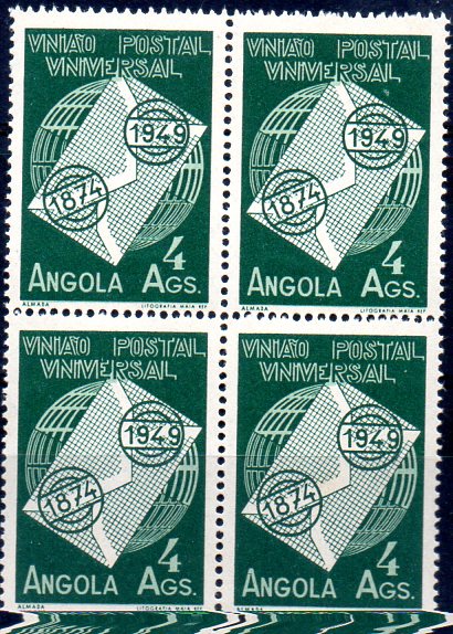 1255.jpg -     Lote:    1255            Angola       Descrição:         1949 &mdash; 75.º Aniversário da União Postal Universal. CE320, 4 Ags, verde escuro. Quadra. Valor de catálogo &euro; 70,56.        ***       Valor Base:     &euro; 15,00     Valor Venda:     &euro; 16,00     