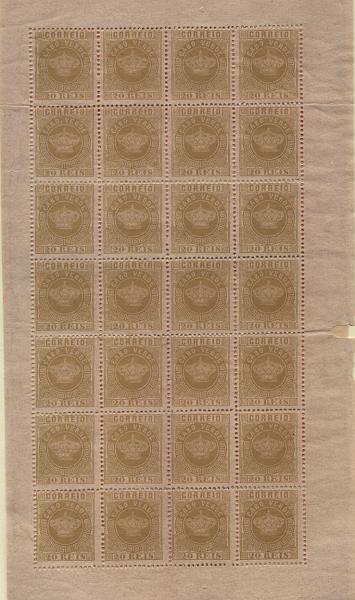 1265.jpg -     Lote:    1265            Cabo Verde       Descrição:         1877 &mdash; Coroa. CE3 e 8. Folhas completas de 28 selos dos valores de 20 reis bistre, denteado 12 &frac12; + 200 reis laranja denteado 12 &frac12;. Valor de catálogo &euro; 319,20.        *       Valor Base:     &euro; 20,00     Valor Venda:     &euro; 26,00     