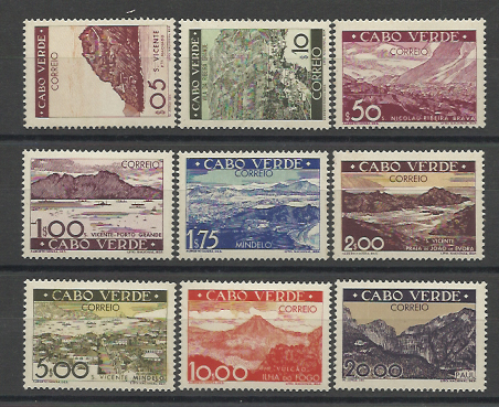 1269.jpg -     Lote:    1269            Cabo Verde       Descrição:         1948 &mdash; Vistas de Cabo Verde. CE24&frac12;49. Série completa. Um selo com ponto de óxido no verso e dois selos regomados. Valor de catálogo &euro; 178,00. Lote a ver.        **       Valor Base:     &euro; 25,00     Valor Venda:     &euro; 30,00     
