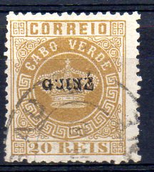 1272.jpg -     Lote:    1272            Guiné       Descrição:         1879/82 &mdash; Tipo Coroa. Selos de Cabo Verde, com sobrecarga "GUINÉ", pequena. CE3, 20 reis bistre, denteado 12 &frac12;, obliterado com carimbo de dupla oval batido a preto "BISSAU / GUINÉ". Valor de catálogo &euro; 500,00.        O       Valor Base:     &euro; 120,00     Valor Venda:     &euro; 320,00     