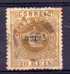 1273.jpg -     Lote:    1273            Guiné       Descrição:         1879/82 &mdash; Tipo Coroa. Selos de Cabo Verde, com sobrecarga "GUINÉ", pequena. CE3, 20 reis bistre, denteado 12 &frac12;, obliterado com carimbo de circunferências concêntricas. Valor de catálogo &euro; 500,00. Certificado de peritagem de Portucale Philatelicus.        O       Valor Base:     &euro; 120,00     Valor Venda:     &euro; 340,00     