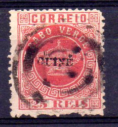 1274.jpg -     Lote:    1274            Guiné       Descrição:         1879/82 &mdash; Tipo Coroa. Selos de Cabo Verde, com sobrecarga "GUINÉ", pequena. CE4, 25 reis vermelho, denteado 12 &frac12;. Um canto curto e denteado inferior farpeado, obliterado com carimbo de círculos concêntricos. Valor de catálogo &euro; 1.500,00. Certificado de peritagem de Portucale Philatelicus.        O       Valor Base:     &euro; 300,00     Valor Venda:     &euro; 480,00     