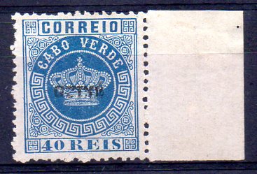 1275.jpg -     Lote:    1275            Guiné       Descrição:         1879/82 &mdash; Tipo Coroa. Selos de Cabo Verde, com sobrecarga "GUINÉ", pequena. CE5, 40 reis azul, denteado 12 &frac12;, bordo de folha. Valor de catálogo &euro; 2.100,00. Certificado de peritagem de Portucale Philatelicus.        *       Valor Base:     &euro; 500,00     Valor Venda:     &euro; 750,00     