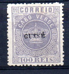 1276.jpg -     Lote:    1276            Guiné       Descrição:         1879/82 &mdash; Tipo Coroa. Selos de Cabo Verde, com sobrecarga "GUINÉ", pequena. CE7, 100 reis lilás malva, denteado 12 &frac12;. Valor de catálogo &euro; 400,00.         *       Valor Base:     &euro; 80,00     Valor Venda:     &euro; 90,00     