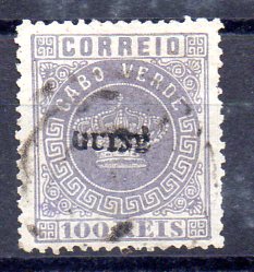 1277.jpg -     Lote:    1277            Guiné       Descrição:         1879/82 &mdash; Tipo Coroa. Selos de Cabo Verde, com sobrecarga "GUINÉ", pequena. CE7, 100 reis lilás malva, denteado 12 &frac12;, obliterado com carimbo de circunferências concêntricas. Valor de catálogo &euro; 300,00.         O       Valor Base:     &euro; 60,00     Valor Venda:     Retirado     