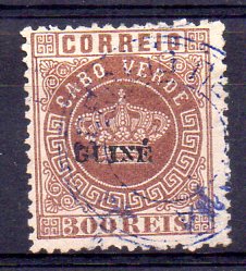 1279.jpg -     Lote:    1279            Guiné       Descrição:         1879/82 &mdash; Tipo Coroa. Selos de Cabo Verde, com sobrecarga "GUINÉ", pequena. CE9, 300 reis castanho vermelho, denteado 12 &frac12;, obliterado com carimbo de duplo círculo a azul de Bolama sem datador. Valor de catálogo &euro; 900,00. Certificado de peritagem de Portucale Philatelicus.        O       Valor Base:     &euro; 200,00     Valor Venda:     &euro; 480,00     