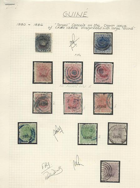 1280.jpg -     Lote:    1280            Guiné       Descrição:         1879/1885 &mdash; Tipo Coroa. Selos de Cabo Verde, com sobrecarga GUINÉ grande. CE10/18 e CE19/23. Estudo das duas séries em 8 folhas de álbum, novos e usados, diferentes denteados, variedades de sobrecarga, tonalidades de cor, fendas de cunho e marcofilia. Dois selos usados de 50 reis verde. Alto valor de catálogo. Lote a ver.        Lote       Valor Base:     &euro; 250,00     Valor Venda:     &euro; 380,00     
