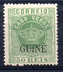 1281.jpg -     Lote:    1281            Guiné       Descrição:         1885 &mdash; Tipo Coroa. Selos de Cabo Verde, com sobrecarga "GUINÉ", grande. CE15, 50 reis verde, denteado 13 &frac12;. Valor de catálogo &euro; 350,00.        **       Valor Base:     &euro; 100,00     Valor Venda:     &euro; 150,00     