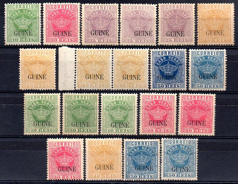 1283.jpg -     Lote:    1283            Guiné       Descrição:         1885 &mdash; Tipo Coroa. Selos de Cabo Verde, com sobrecarga "GUINÉ" grande. Novas cores. CE19/23. Estudo completo da emissão em denteados, tonalidades de cor. Inclui par de 40 reis com o cliché de MOÇAMBIQUE. Lote muito bonito. Valor de catálogo &euro; 325,70.        ***/**       Valor Base:     &euro; 65,00     Valor Venda:     &euro; 75,00     