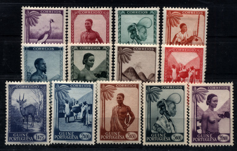 1287.jpg -     Lote:    1287            Guiné       Descrição:         1948 &mdash; Motivos da Guiné. CE248/260. Série completa. Selos de 5$00 e 20$00 regomados. Valor de catálogo &euro; 112,00.        **       Valor Base:     &euro; 22,00     Valor Venda:     Retirado     